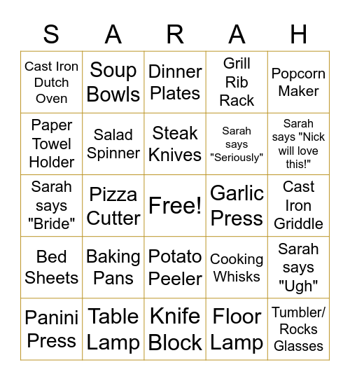 Sarah's Bridal Shower Bingo Card