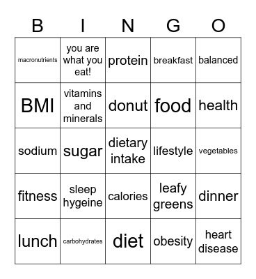 Nutrition Bingo Card