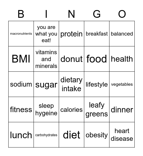 Nutrition Bingo Card