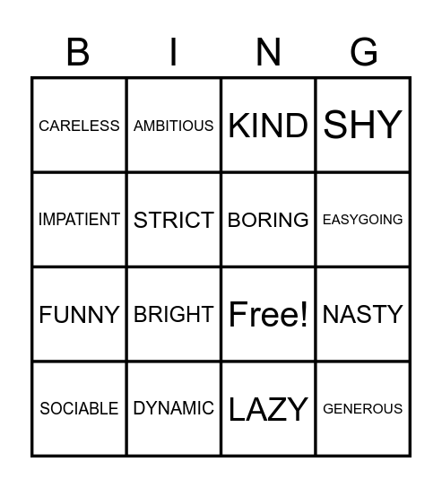 PERSONALITY BINGO Card