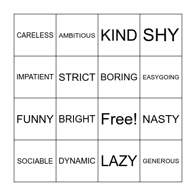 PERSONALITY Bingo Card
