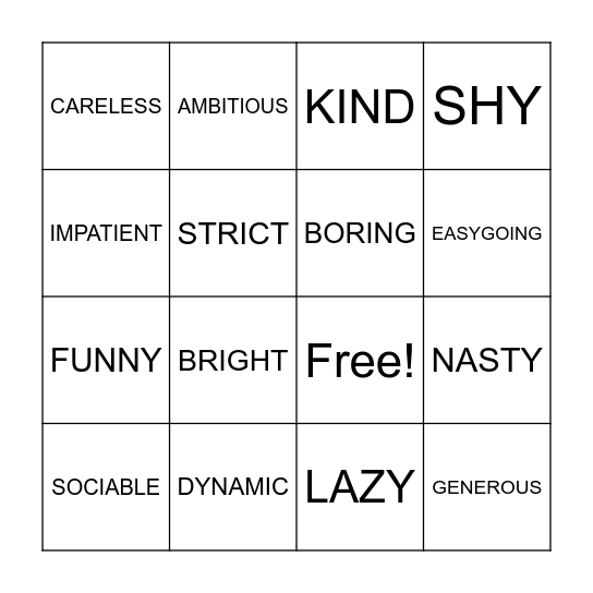 PERSONALITY Bingo Card
