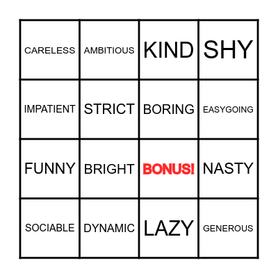 Personality Bingo Card
