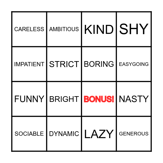 Personality Bingo Card