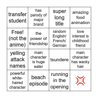 Anime Bingo Card