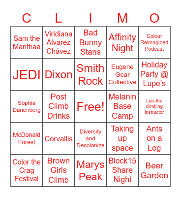 Corvallis Climbers of Color Bingo Card