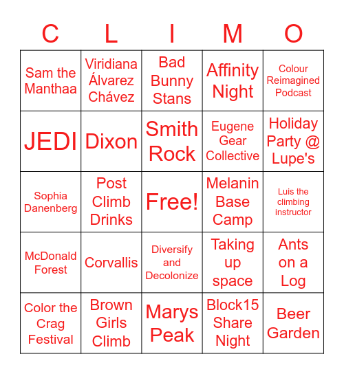 Corvallis Climbers of Color Bingo Card