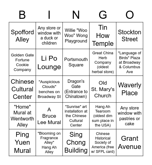 Chinatown Bingo! Bingo Card