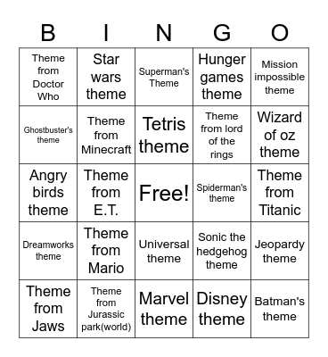 Movie, TV show and Video game themes Bingo Card