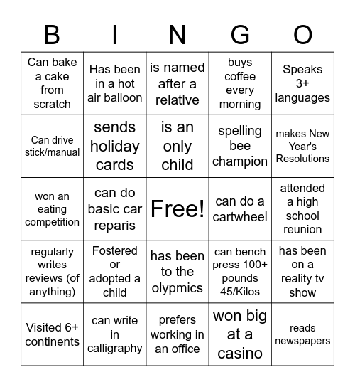 GET TO KNOW YOU Bingo Card