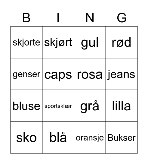 Ropa y colores Bingo Card