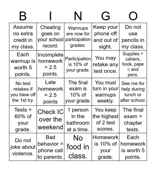 French Course Expectations Bingo Card