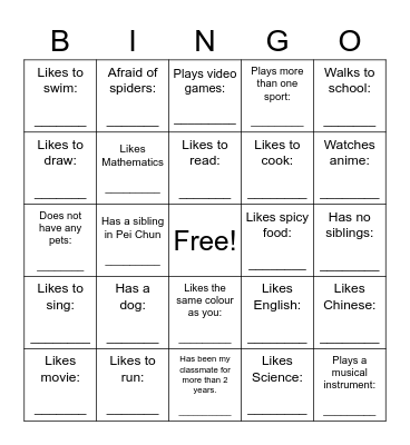 My Classmate Bingo Card