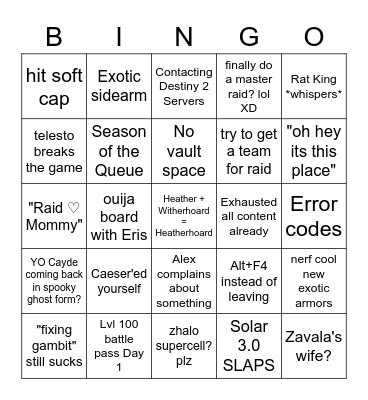 Destiny 2 New Season Bingo Card
