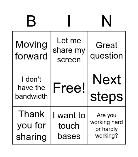 Meeting talk Bingo Card