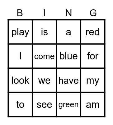 sight words Bingo Card