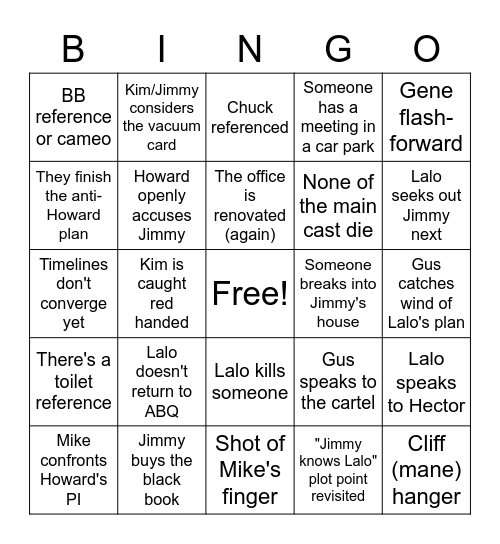 BCS Mid-season finale Bingo Card