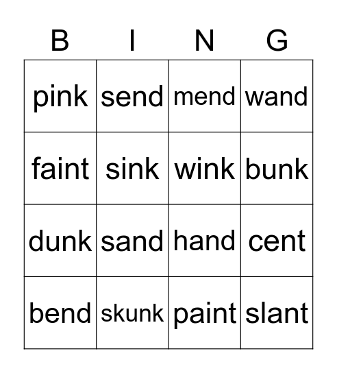 Nd Nk Nt Words Bingo Card