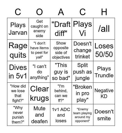 The Coach Special Bingo Card