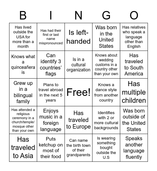 Cultural diversity bingo