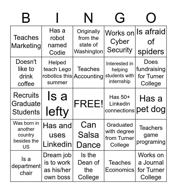2015 Fall Welcome Back!! Turner College Bingo Card