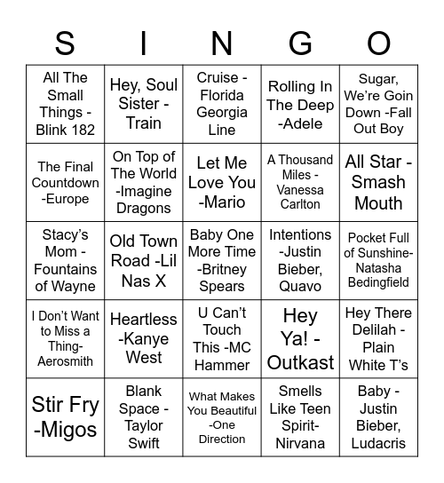 Name That Tune! Bingo Card
