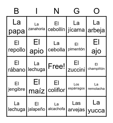 Las verduras Bingo Card