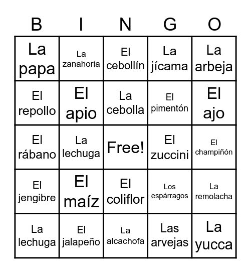 Las verduras Bingo Card