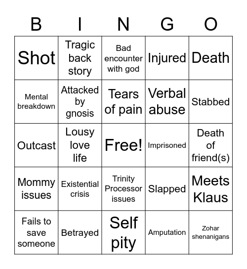 How Noah Will Suffer Bingo Card