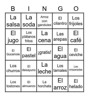 La comida Bingo Card