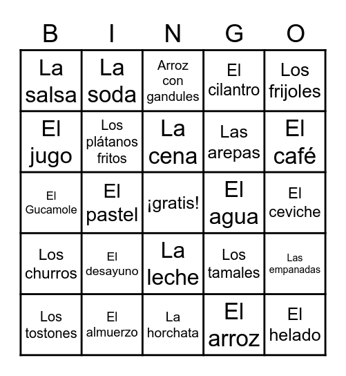 La comida Bingo Card