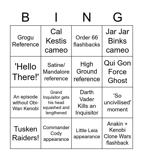 Obi-Wan Kenobi Predictions Bingo Card