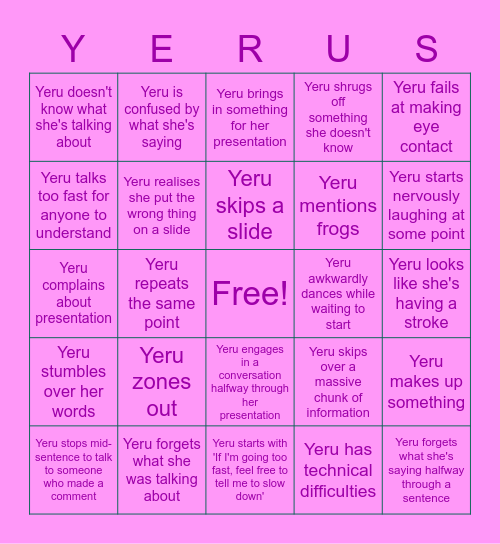 Yeru's presentation Bingo Card