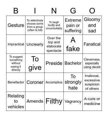 Westing Game Vocabulary 13-30 Bingo Card