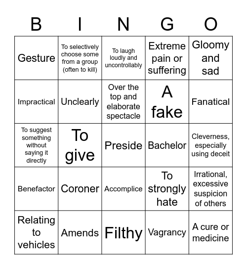 Westing Game Vocabulary 13-30 Bingo Card