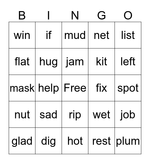 Short Vowels Bingo Card