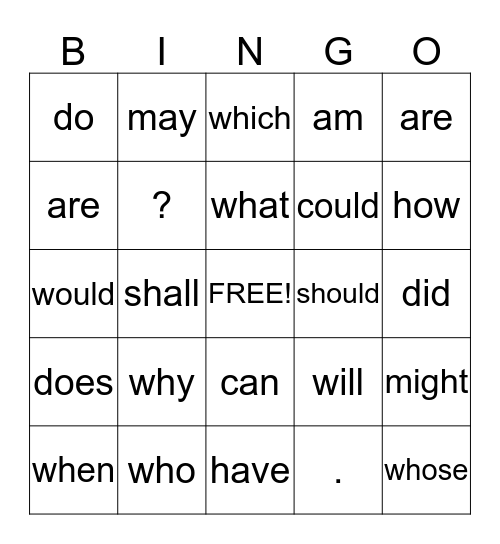 Question Words Bingo Card