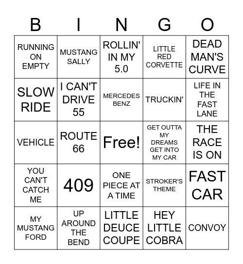 SONGS ABOUT VEHICLES Bingo Card