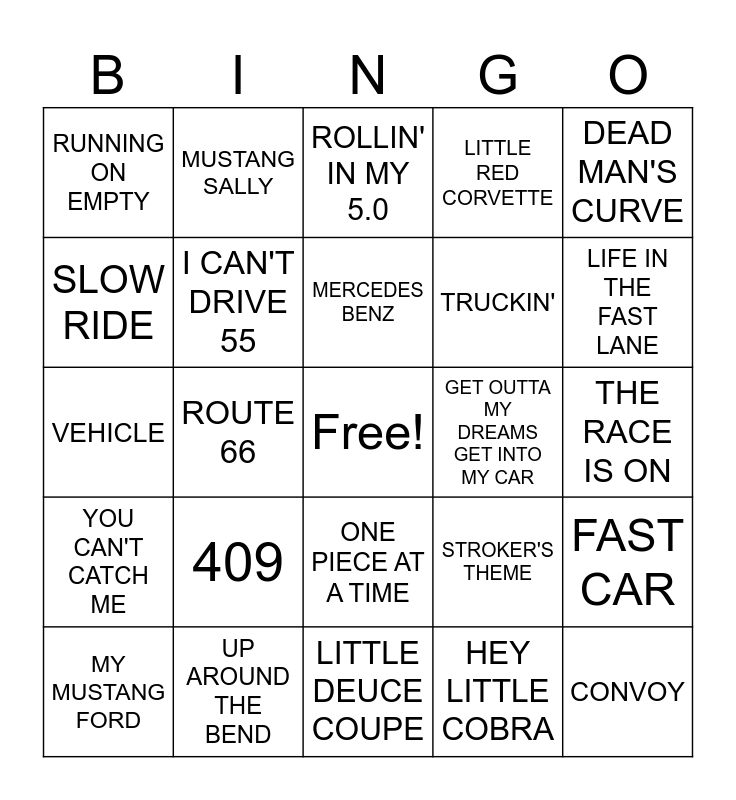 SONGS ABOUT VEHICLES Bingo Card
