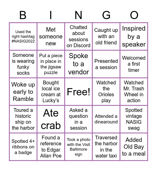 NASIG 2022 Baltimore Bingo Card