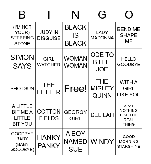 60'S HITS Bingo Card