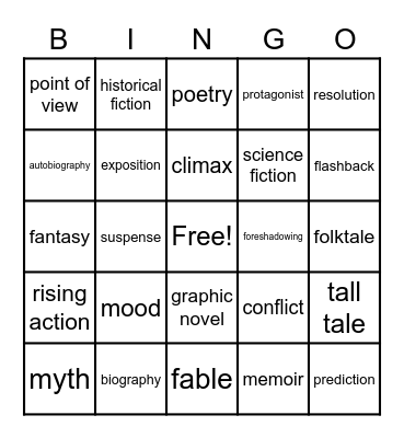 Literature Vocab Bingo Card