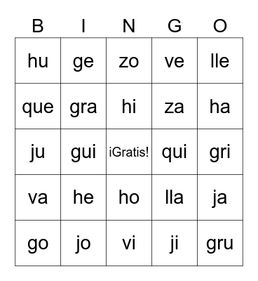 Spanish Syllables Bingo Card