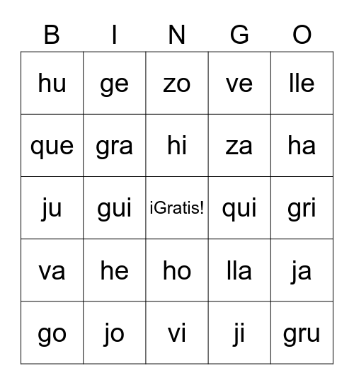 Spanish Syllables Bingo Card