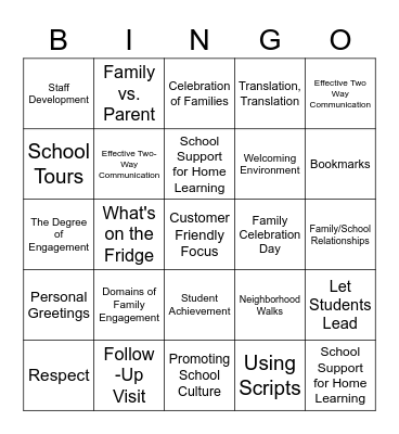 Family and Community Engagement Bingo Card