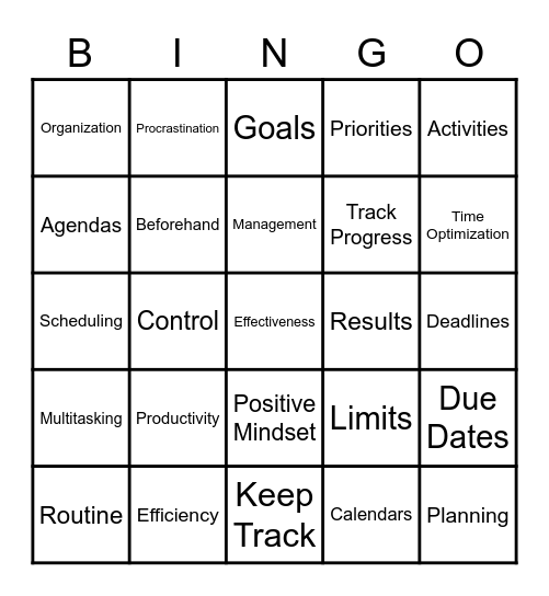 Time Management Bingo Card