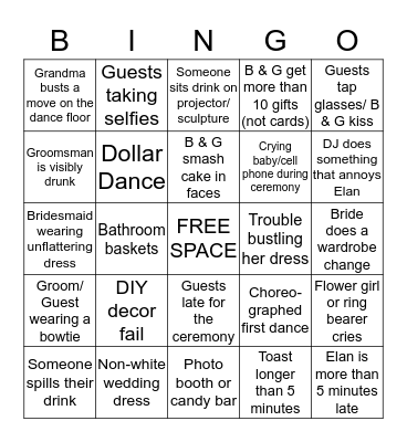 WEDDING DAY BINGO Card