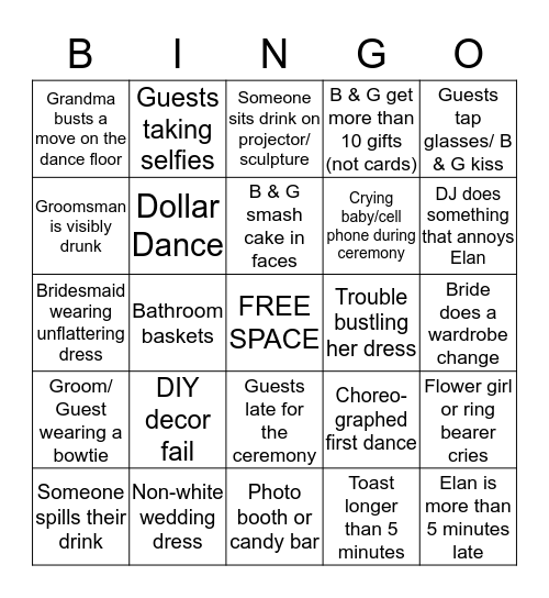 WEDDING DAY BINGO Card
