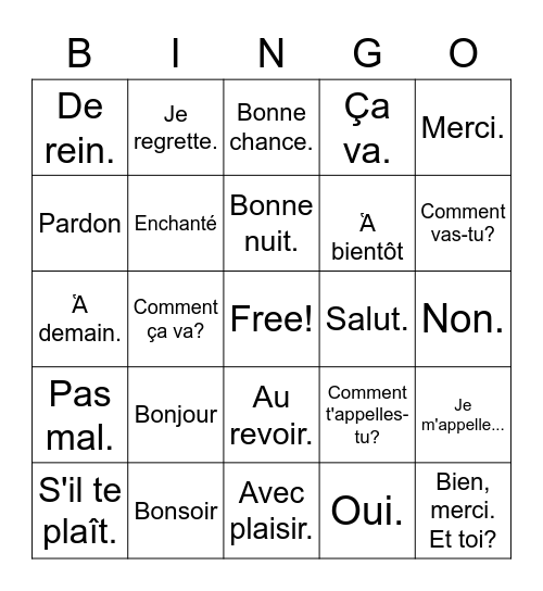 French Salutations et Courtoisies Bingo Card
