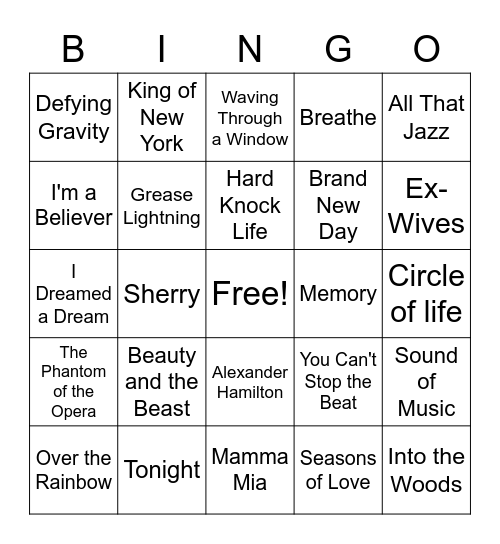 Broadway Musical Songs Bingo Card